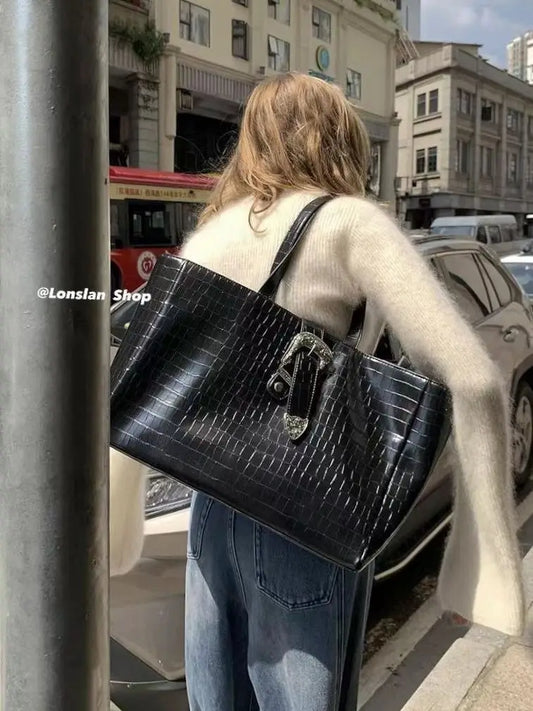 Crocodile Pattern Leather Shoulder Bag Large Capacity Business Crossbody Tote