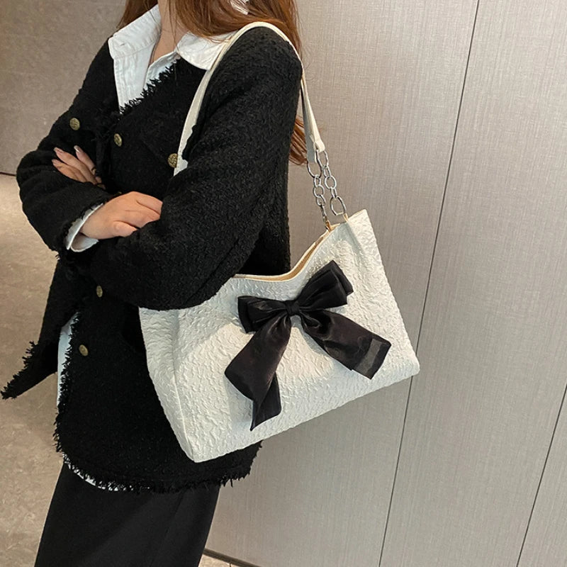 Canvas Women Shoulder Bag Large Tote Shopper Bag Bowknot Female Bags