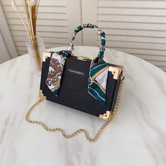 Women's Small Square Bag with Chain and Silk Scarf