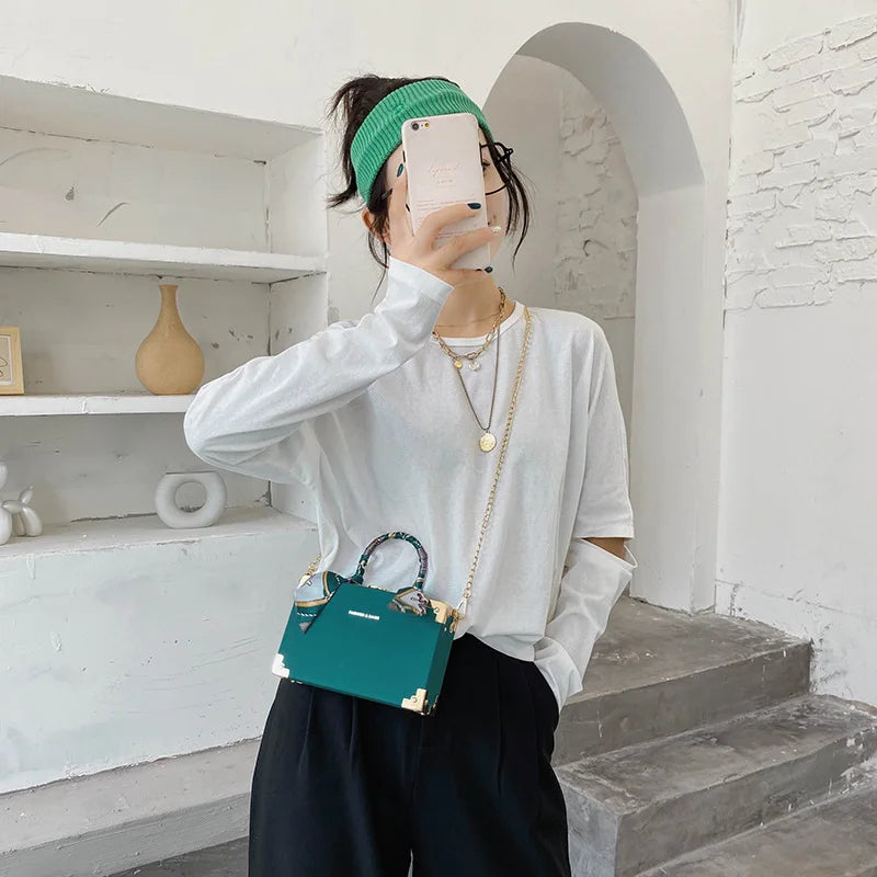 Women's Small Square Bag with Chain and Silk Scarf
