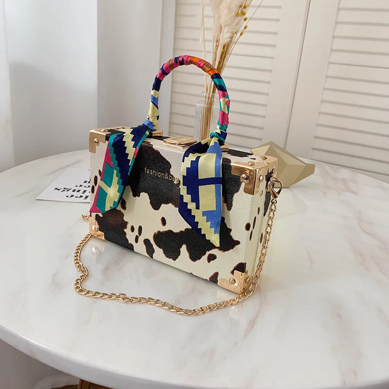 Women's Small Square Bag with Chain and Silk Scarf