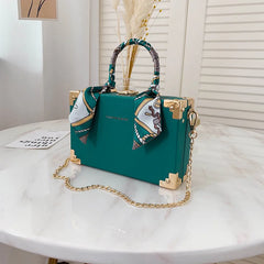 Women's Small Square Bag with Chain and Silk Scarf