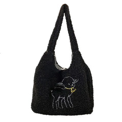Women's Lamb Fabric Shoulder Bag Tote Large Capacity Embroidery Shopper
