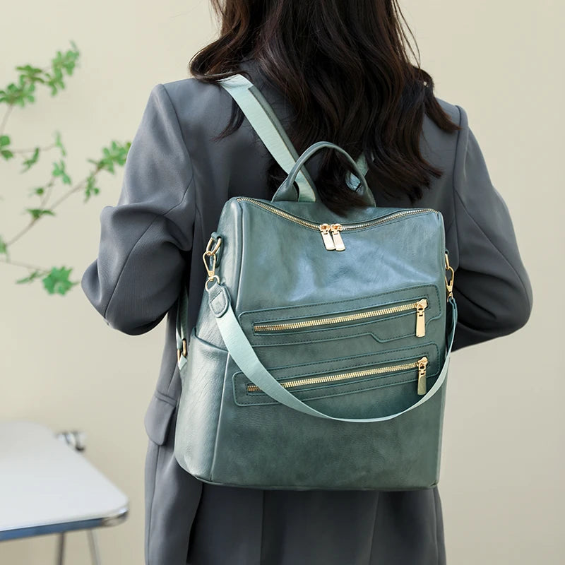 Women's Large Capacity Leather Backpack Retro Travel School Bag