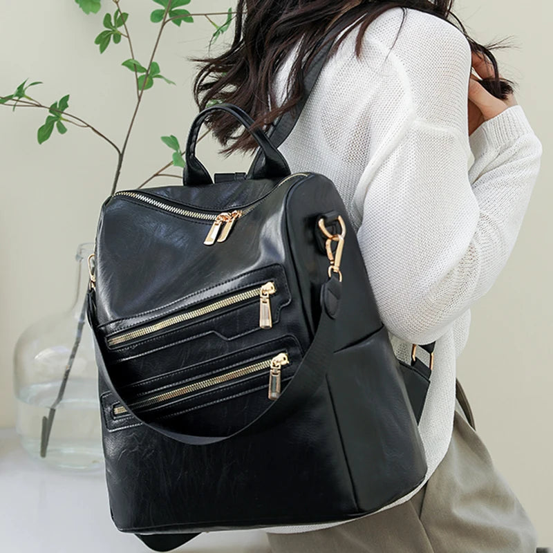 Women's Large Capacity Leather Backpack Retro Travel School Bag