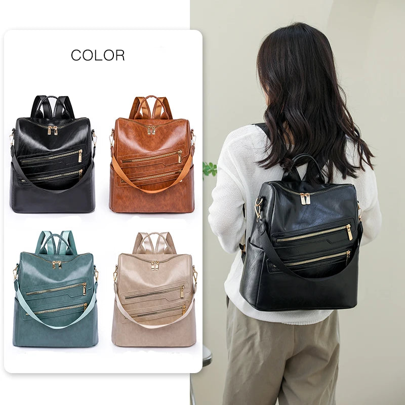 Women's Large Capacity Leather Backpack Retro Travel School Bag
