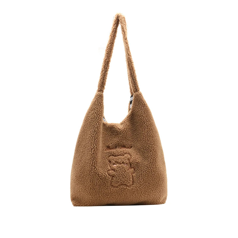 Large Capacity Plush Winter Shoulder Bag Lamb Wool Handbag Soft Bear Tote