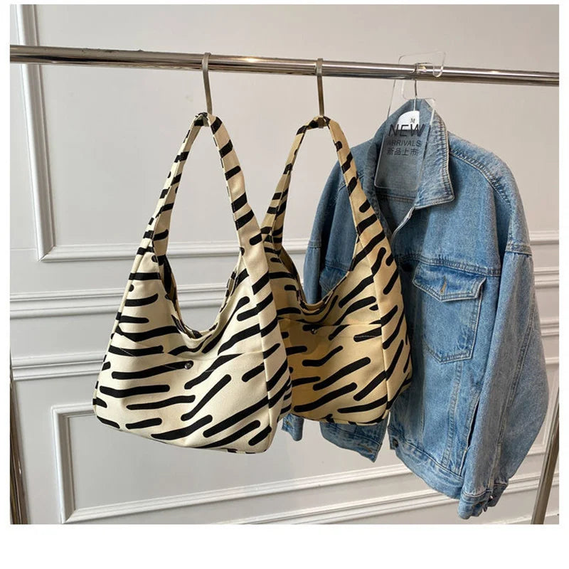 Stripe Canvas Tote Bag Crossbody Handbag