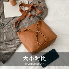 Vintage PU Leather Shoulder Bag School Cross-body Bucket Bags for Women Handbag