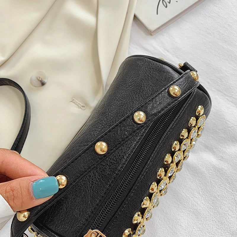 Leather Shoulder Bags Diamond Crossbody Rivet Tote Cylindrical Chain Handbags