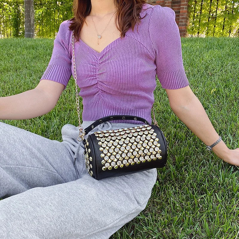 Leather Shoulder Bags Diamond Crossbody Rivet Tote Cylindrical Chain Handbags