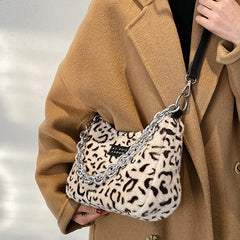 Women's Leopard Chain Hobo Bag Plush Shoulder Crossbody Bag