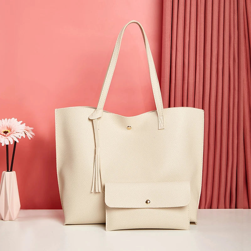 Women's PU Leather Handbag Tassel Bag Set