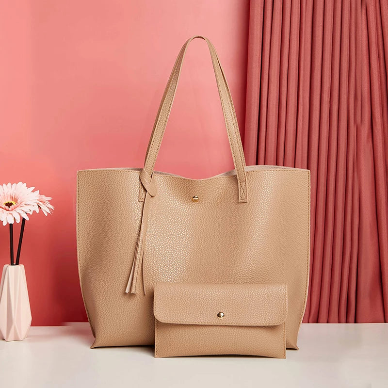 Women's PU Leather Handbag Tassel Bag Set