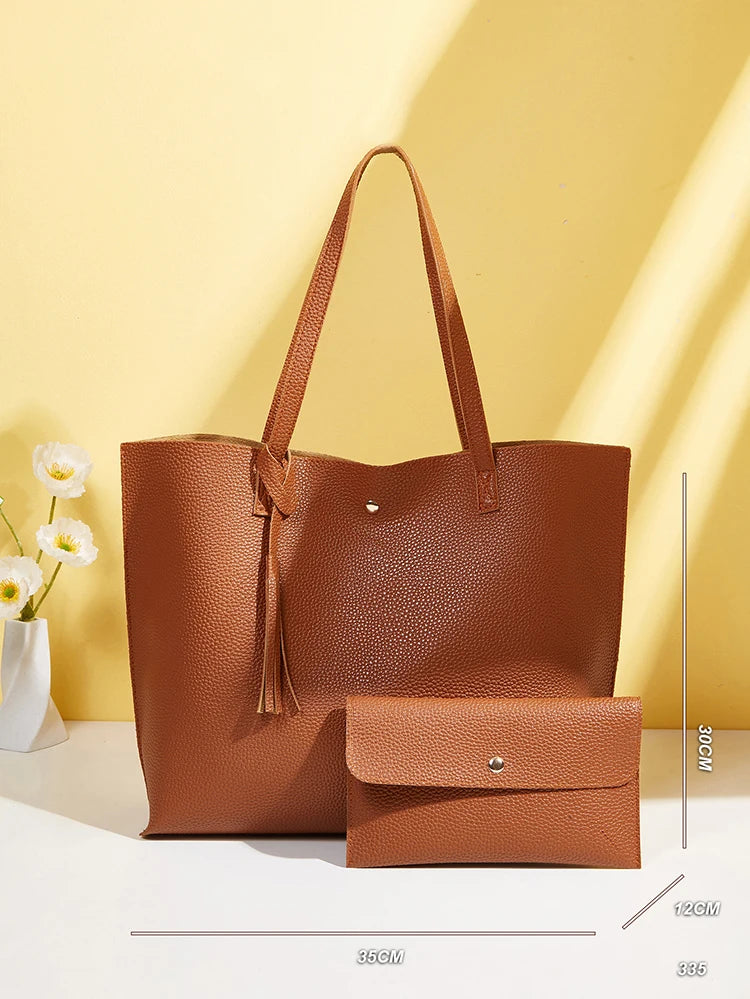 Women's PU Leather Handbag Tassel Bag Set