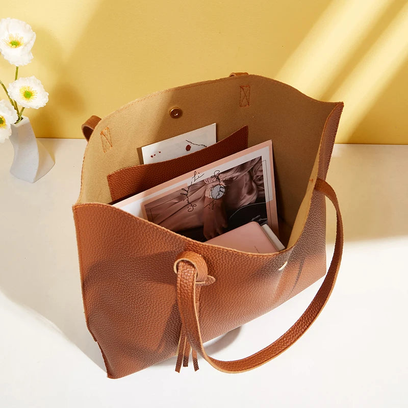 Women's PU Leather Handbag Tassel Bag Set