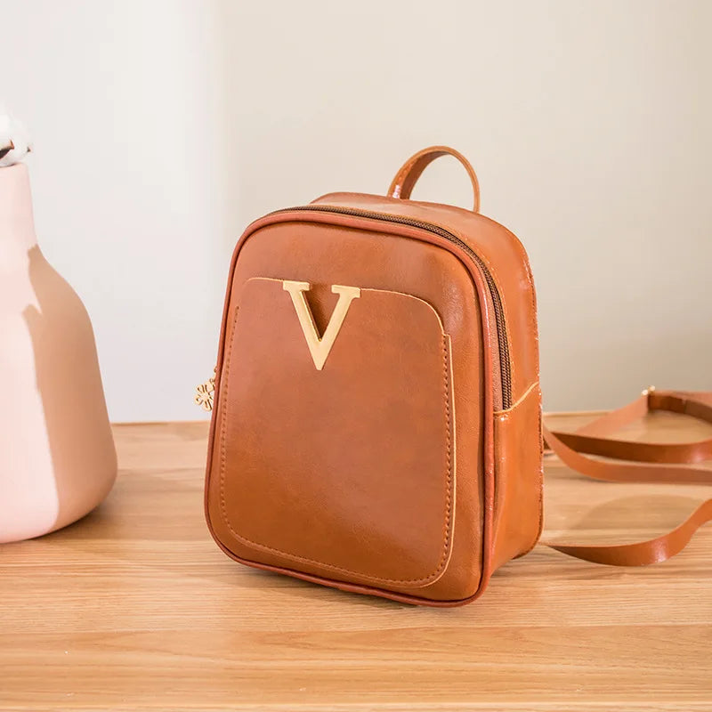 Women's Mini Backpack PU Leather V Letter Shoulder Bag