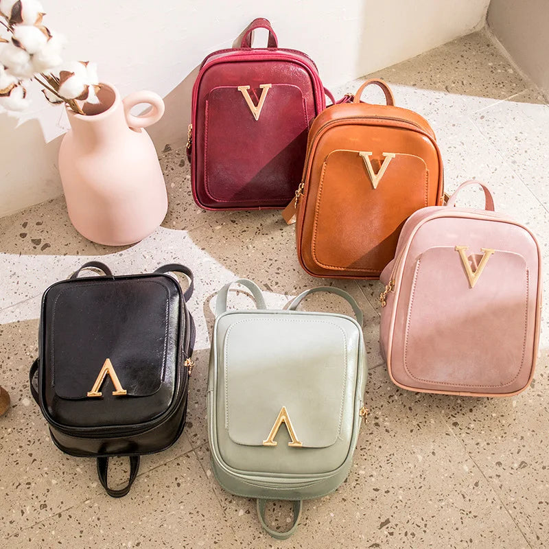 Women's Mini Backpack PU Leather V Letter Shoulder Bag