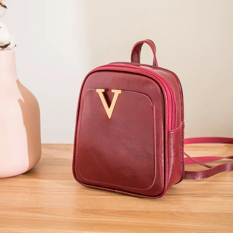 Women's Mini Backpack PU Leather V Letter Shoulder Bag