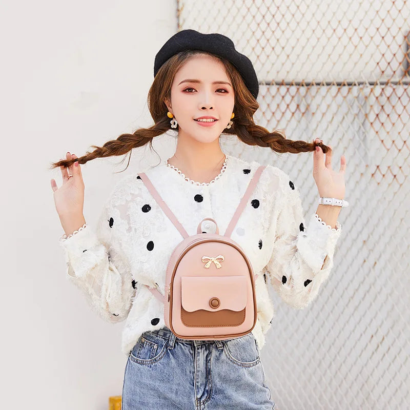 Mini PU Leather Backpack with Bow-Knot - Small School Bag for Girls