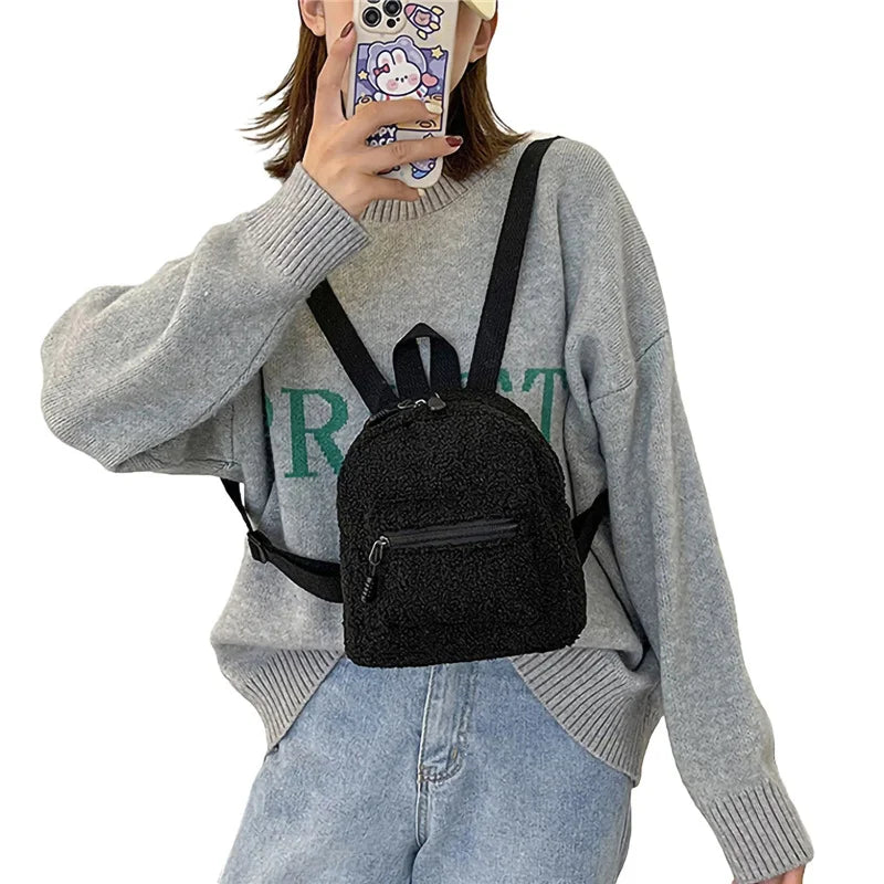 Plush Mini Backpack Adjustable Strap Double Zip Handbag