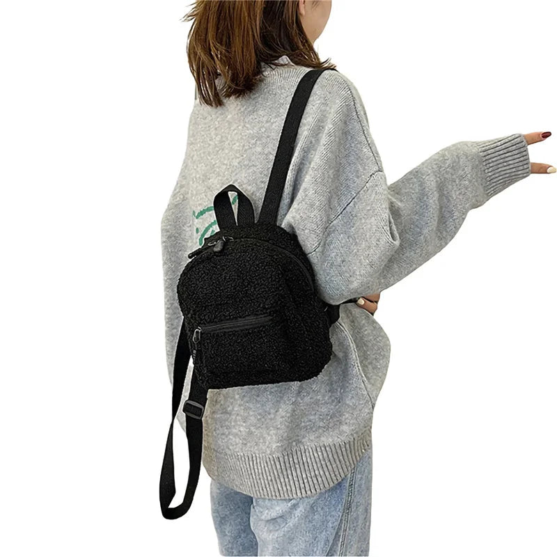 Plush Mini Backpack Adjustable Strap Double Zip Handbag