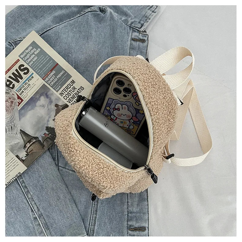 Women's Mini Plush Backpacks Adjustable Shoulder Strap Lambswool Daypack Bags
