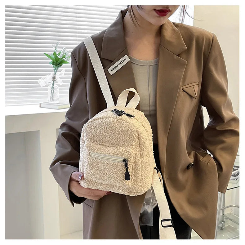 Women's Mini Plush Backpacks Adjustable Shoulder Strap Lambswool Daypack Bags