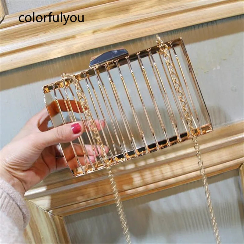 Metal Hollow Evening Handbags Golden Chain Clutch