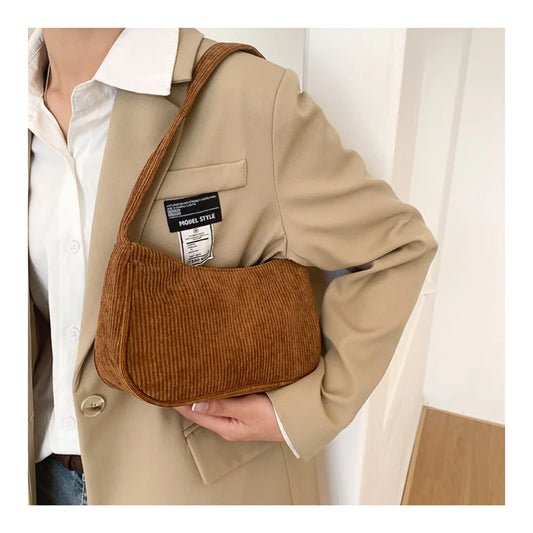 Vintage Corduroy Underarm Handbag Solid Velvet Chain Dumplings Bag