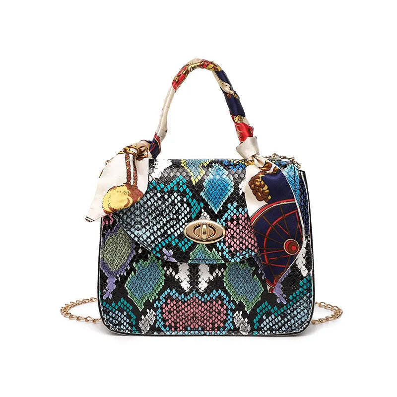 Women's Serpentine Scarf Lock Chain Small Square Bag Shoulder Handbag