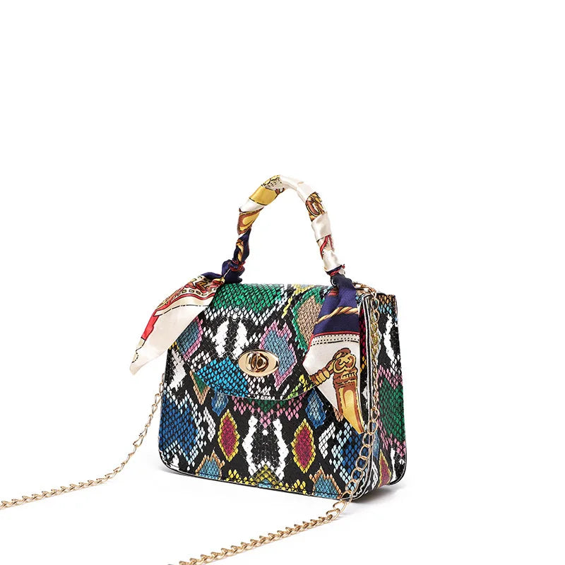 Women's Serpentine Scarf Lock Chain Small Square Bag Shoulder Handbag