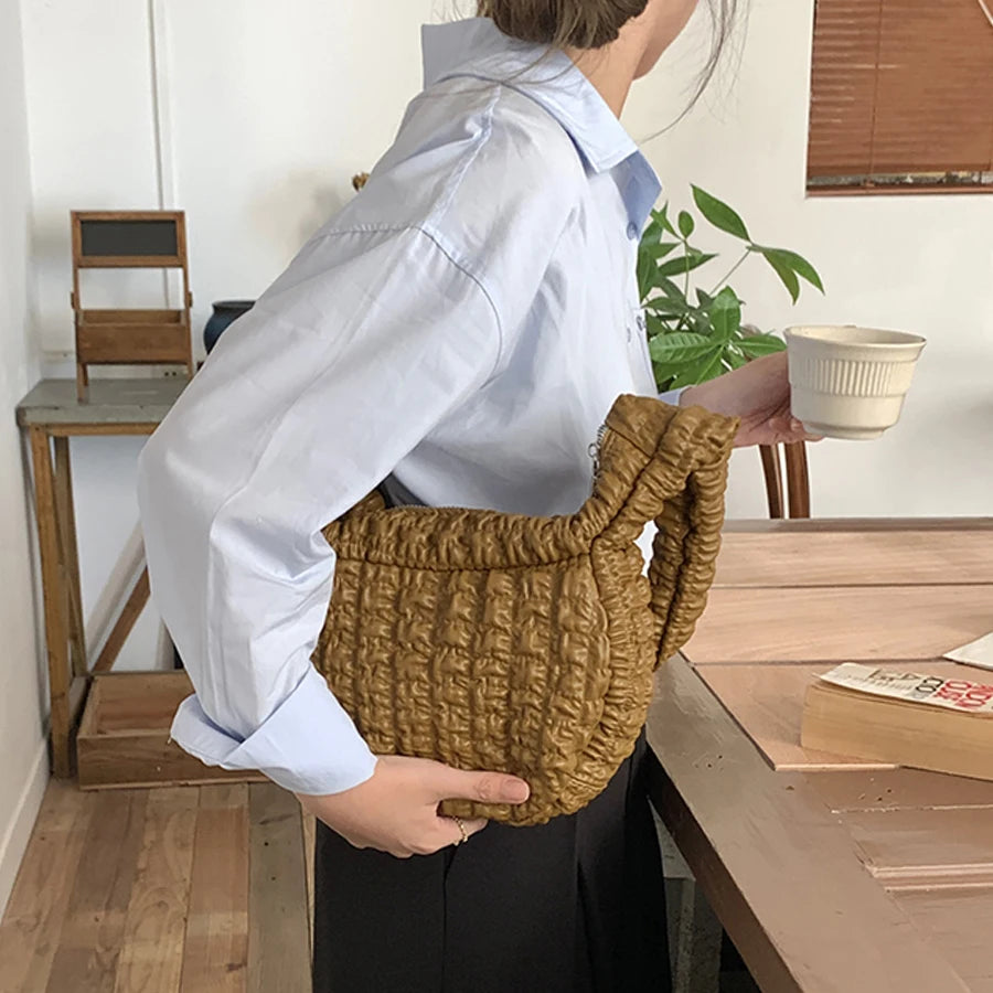 Women's PU Bubbles Large Handbag Puffy Padded Tote Bags Ruched Shoulder Bag