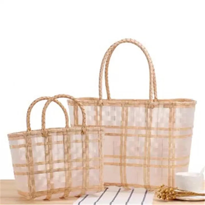 Women's PVC Handwoven Handbag Transparent Check Vegetable Basket Bag