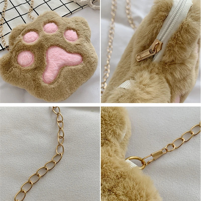 Women's Plush Shoulder Bag Bear Paw Chain Handbag Zipper Messenger Bags