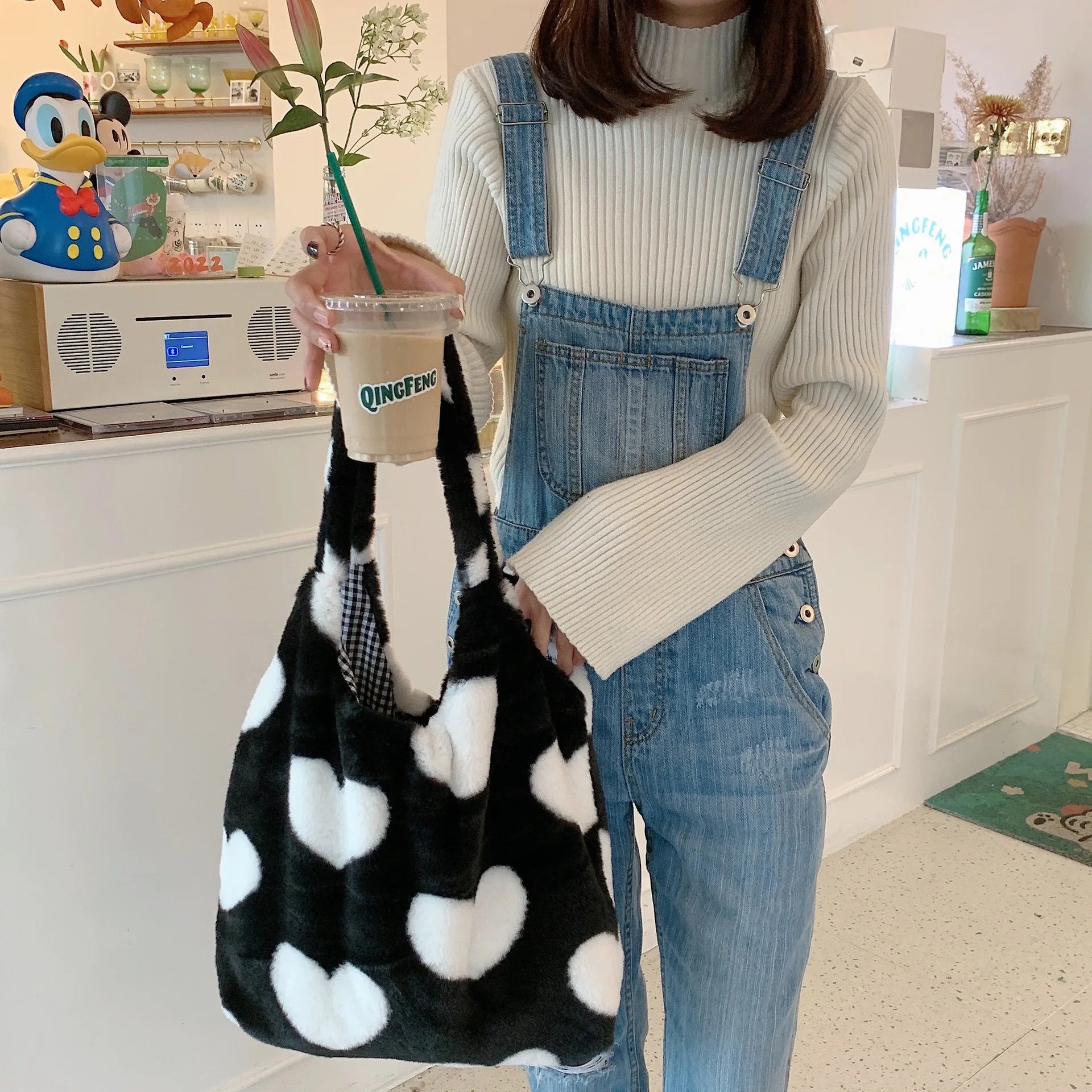 Women's Plush Shoulder Bag Canvas Tote Fluffy Handbag Large Capacity