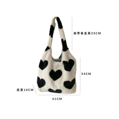Women's Plush Shoulder Bag Canvas Tote Fluffy Handbag Large Capacity