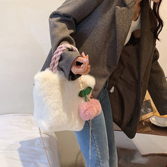 Women's Plush Tote Bag with Fluffy Pendant Magnetic Closure
