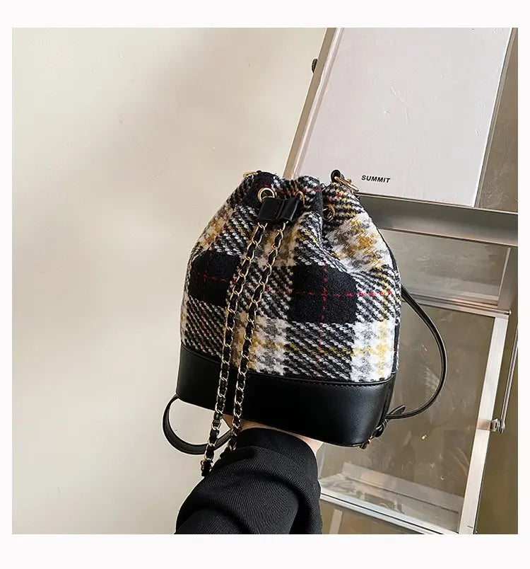 Women's Pu Bucket Bag Stripe Rhombic Lattice Drawstring Crossbody Bag