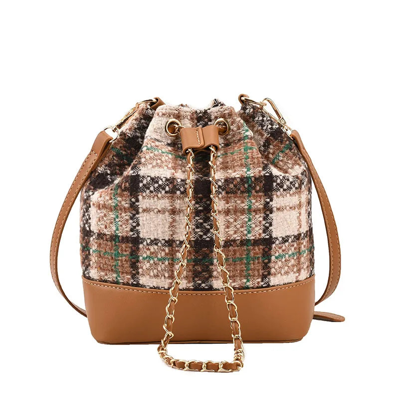 Women's Pu Bucket Bag Stripe Rhombic Lattice Drawstring Crossbody Bag