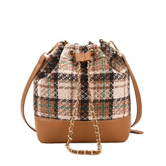 Women's Pu Bucket Bag Stripe Rhombic Lattice Drawstring Crossbody Bag