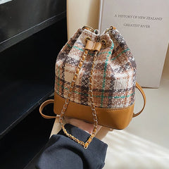 Women's Pu Bucket Bag Stripe Rhombic Lattice Drawstring Crossbody Bag