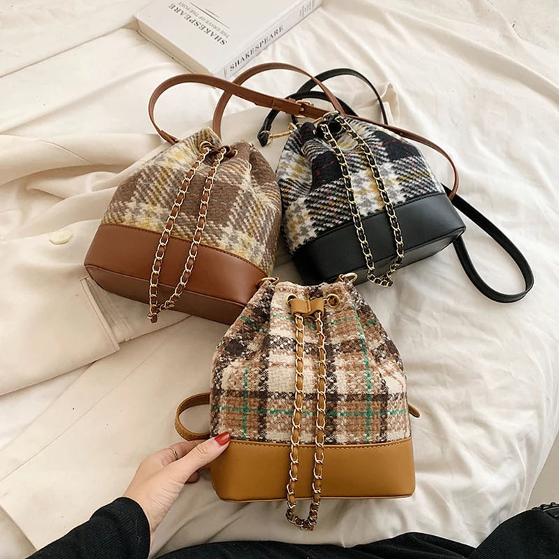 Women's Pu Bucket Bag Stripe Rhombic Lattice Drawstring Crossbody Bag