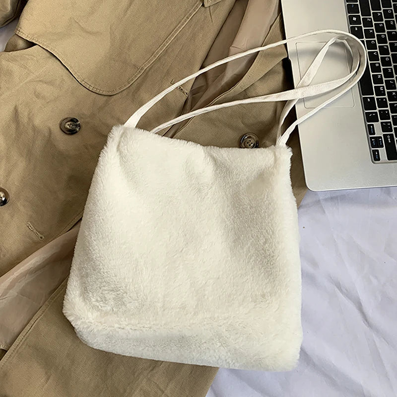 Plush Tote Shoulder Bag for Women - Fluffy Handbag for Ladies