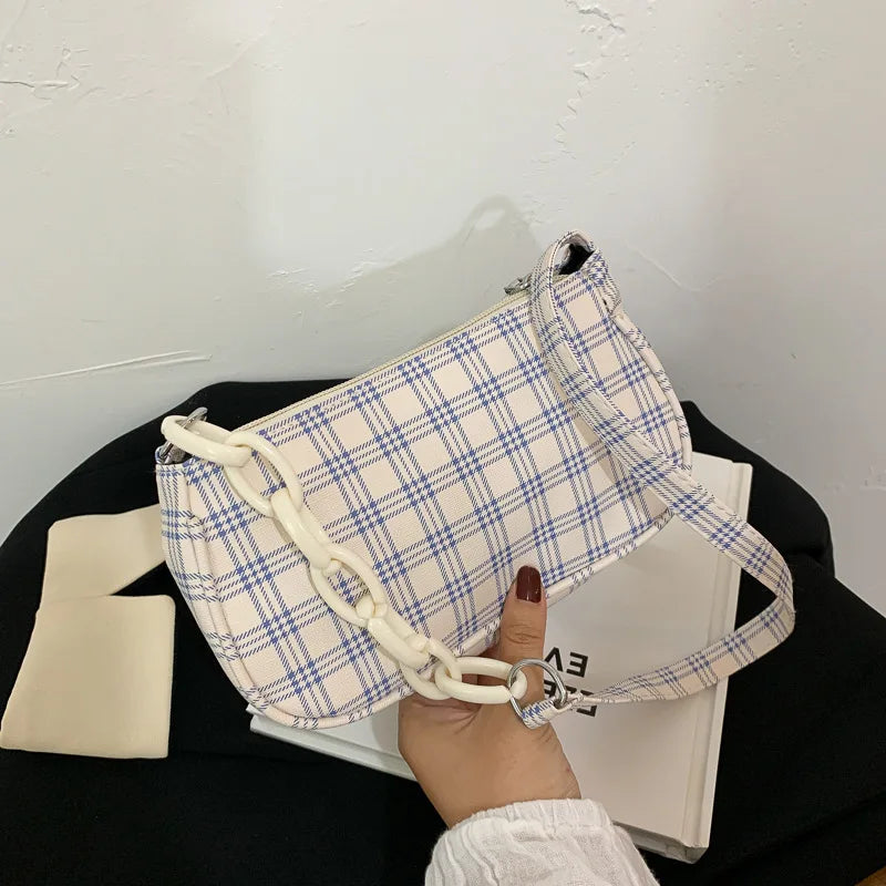 Retro Plaid Underarm Bag Chain Strap Zipper Mini Handbag Casual Shoulder Bag