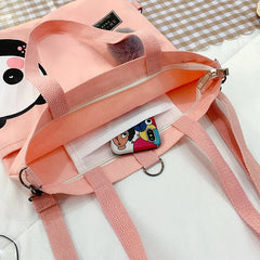Canvas Shoulder Bag Cartoon Panda Print Shopper Purse Crossbody Bag
