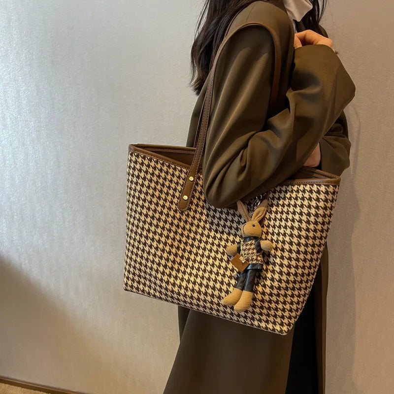 Women's Plaid Canvas Tote Bag with Zipper