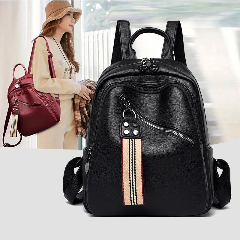 Women's Solid Pu Backpack Student Soft Leather Travel Backpack