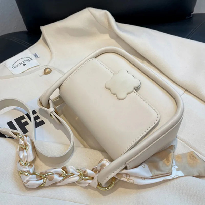Soft Leather Crossbody Bag with Silk Scarf Women's Shoulder Bag