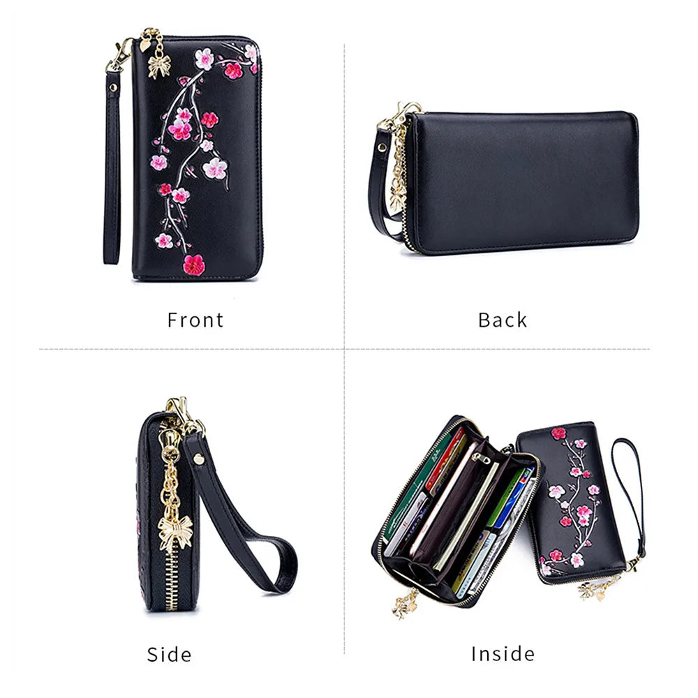 Women's Leather Long Wallet Rfid Handbag Ethnic Style Purse